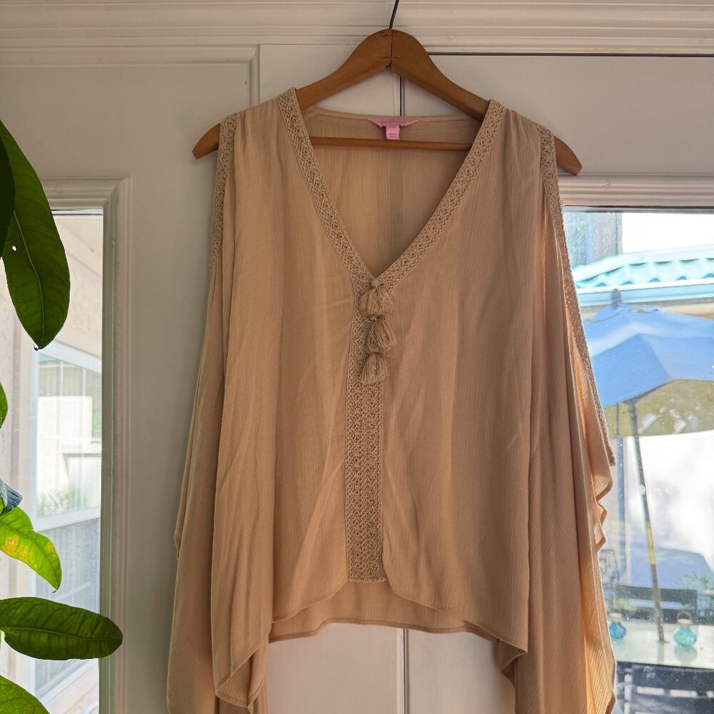 Lilly Pulitzer Julietta Open Cold Shoulder Sleeve Tassel V Blouse